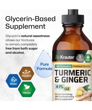 BIO KRAUTER Turmeric and Ginger Supplement - Pure Vegan Liquid Turmeric & Ginger Tincture with Pepper 4 Fl.Oz 56 Days of Supply - Curcumin Drops for Joint Support Antioxidant & Immune Support 4 Fl Oz (Pack of 1) - Buy Online on GoSupps.com