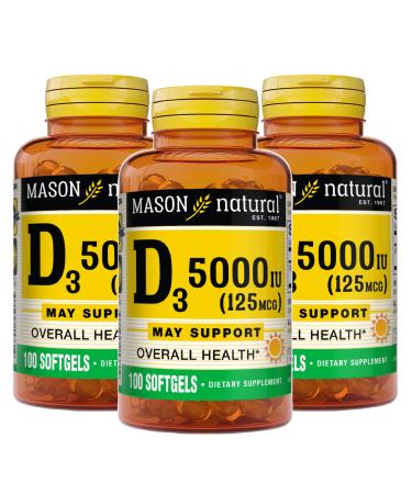 MASON NATURAL Vitamin D3 125 mcg (5000 IU) - Supports Overall Health Strengthens Bones and Muscles from Fish Liver Oil 50 Softgels (Pack of 3) D5000 50 Count (Pack of 3)