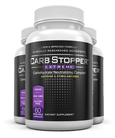 Carb Stopper Extreme (3 Bottles) Maximum Strength, Natural Carbohydrate and Starch Neutralizer | Keto Diet Cheat Supplement to Intercept Carbs with White Kidney Bean Extract, 60 Caps Each
