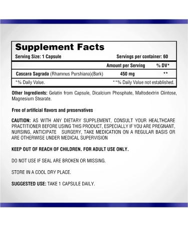 60 Cascara Sagrada Capsules 450mg by Natural Systems - Vegan, Non-GMO, Non-Gluten - Herbal Constipation Relief and Laxative Support - Buy Online on GoSupps.com