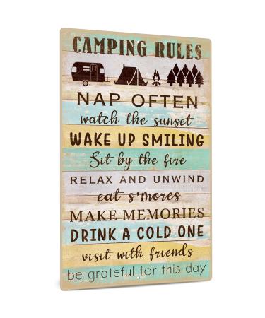 Putuo Decor Camping Decor, Retro Wall Poster Plaque Outdoor Sign for Bar, Campsite, Lake House, Cabin, 12x8 Inches Aluminum Metal Sign - Camping Rules Camping Rules 1