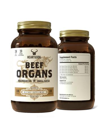 HEART & SOIL 100% Grass Fed & Finished Beef Organs from Regenerative Cattle with Liver Heart Kidney Pancreas & Spleen 3000mg Beef Organ Supplement for Women & Men Glass Bottle 180 Capsules