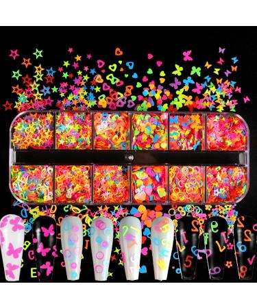 Luminous Nail Art Sequins  Fluorescent 3D Nail Glitter Flakes Design  Butterfly Flowers Stars Heart Letters Nail Decorations Holographic Acrylic Supplies Accessories False Nails Manicure Confetti Kit Fluorescent Flakes