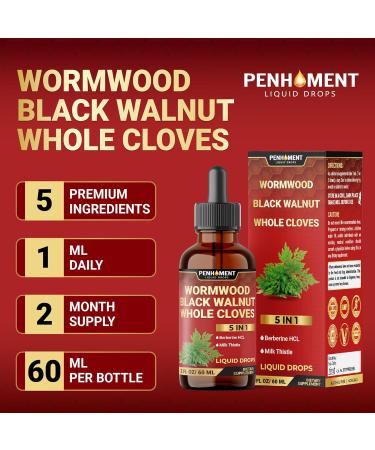 Penhoment 5in1 Wormwood Liquid Drops - Black Walnut Cloves Extract, Berberine, Milk Thistle - 2 Fl oz - 60 Days Supply - Buy Online on GoSupps.com