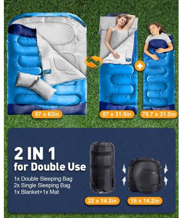 XL Queen Size Double Sleeping Bag for Two | Youth & Adult Camping & Backpacking | Cold & Warm Weather | With Pillow & Internal Pocket - Buy Online on GoSupps.com