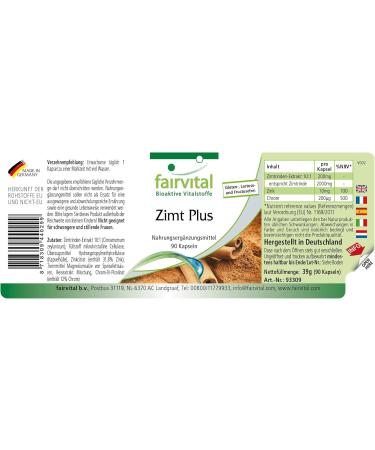 Fairvital | Cinnamon Plus - Bulk Pack for 3 Months - Vegan - HIGH Dosage - 90 Capsules - Cinnamon Extract with Chromium and zinc - Buy Online on GoSupps.com