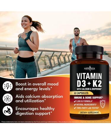 NEW AGE Vitamin D3 5 000 IU + K2 MK-7 100 mcg - 2-in-1 Bone Immune & Heart Support Easy to Swallow Non-GMO - 120 Capsules 60 Count (Pack of 2) - Buy Online on GoSupps.com