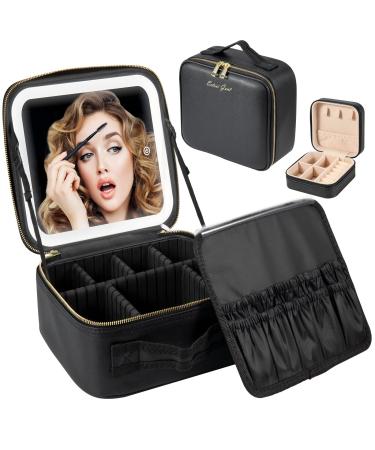 Extrei Gent Makeup Travel Train Case with Mirror LED Light 3 Adjustable Brightness Cosmetic Bag Portable Storage Adjustable Partition Waterproof Makeup Brushes Makeup Jewelry Gift for Women Black