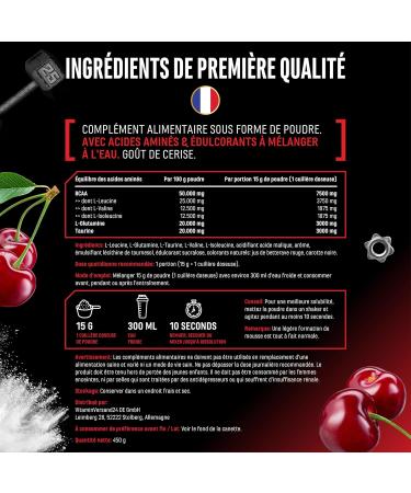 BCAA Performance - 450g Powder - Instant BCAA + L-Glutamine + Taurine - Delicious & Super Soluble - Vegan Amino Acids - Ratio 2:1:1 - (Cherry) - Buy Online on GoSupps.com