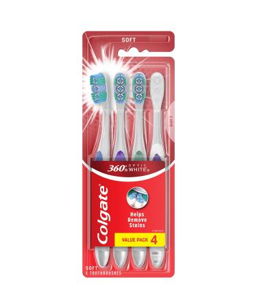 Colgate 360 Optic White Whitening Toothbrush, Adult Soft Toothbrush with Whitening Cups, Helps Whiten Teeth and Removes Odor Causing Bacteria, 4 Pack 4 Count Soft