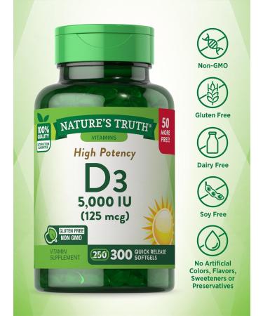 Nature's Truth Vitamin D3 5000 IU | 300 Softgels High Potency Non-GMO Gluten Free Supplement - Buy Online on GoSupps.com