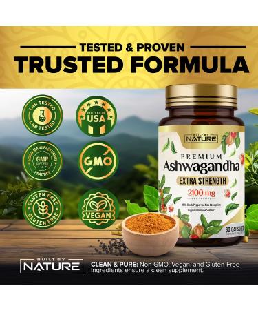 Built by Nature Ashwagandha 2100mg Extra Strength Stress Relief & Mood Support with Black Pepper Extract for Max Absorption - Non-GMO Vegan Gluten-Free - 60 Capsules - Buy Online on GoSupps.com
