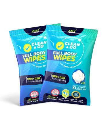 AMX Shower Wipes for Adults - (20 Count) Unique GLOVE DESIGN, No Rinse Body Wipes for Women and Men for After Workout, Camping or Hiking  Extra Large Bath Wipes for Elderly for Rinse Free Sponge Baths  Disposable 10 Count (Pack of 2)
