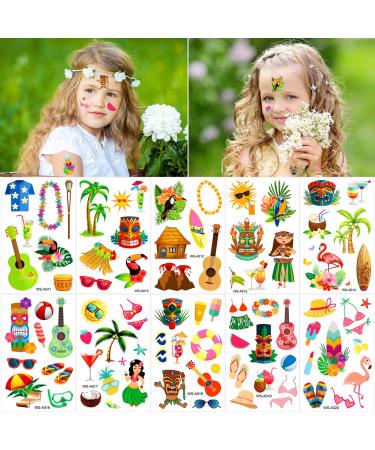 Konsait Beach Hawaiian Aloha Temporary Tattoos Luau Themed Party Favors Decorations Supplies Temporary Tattoos for Kids Women Adults  Assorted Tropical Summer Tiki Birthday Party Supplies