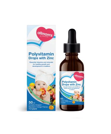 Allmoms - Polyvitamin Drops with Zinc 50ml - 9 Essential Vitamins and Minerals for Healthy Growth and Development in Toddlers - Immunity Boost Appetite Vision Care and Brain Health - 1 to 3 Years