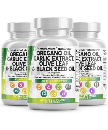 Clean Nutraceuticals Oregano Oil Garlic Extract Olive Leaf Black Seed Oil - Immune Support & Digestive Health Supplement for Women and Men with Vitamin D3 & Zinc - 3Pack