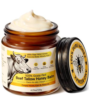 Beef Tallow for Skin & Face Whipped Tallow and Honey Balm Cream 100% Grass-Fed Beef Tallow Face Moisturizer with Raw Honey All Natural Organic Body Lotion Skincare for Women & Men Unscented 4.2 OZ