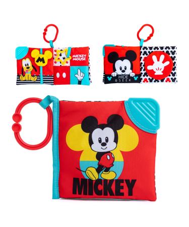 KIDS PREFERRED Disney Baby Mickey Mouse Soft Book  Black and White High Constrast Crinkle Plush  Boys and Girls Ages 0+  Stroller On The Go Clip and Teether