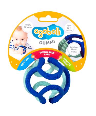 OgoBolli Gummi Teething Ring Textured Sensory Ball Toy for Babies & Toddlers - Stretchy  Soft Non-Toxic Silicone - Age 6+ Months - Blue Blueberry