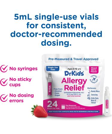 Dr. Kids Children's Allergy Relief Medicine with Diphenhydramine HCl 12.5 mg - Pre-Measured Single-Use Vials Kids Antihistamine for Sneezing Runny Nose & Itchy Eyes Mixed Berry Flavor 24 Count - Buy Online on GoSupps.com