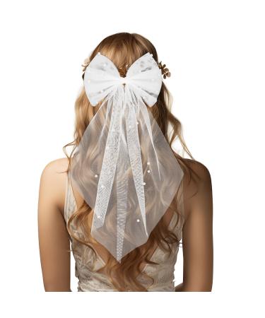 PEOVLVN White Hair Bow Bridal Hair Accessories Bride Bow Hair Clips Large Hair Bow Wedding Veil Bachelorette Party Favors Engagement Party Accessories Bride Bridesmaid Gifts