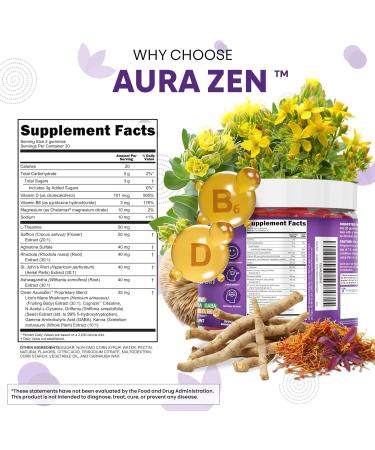 AuraZen Mood Support Saffron Gummies L-Theanine Ashwagandha Rhodiola St John's Wort Lions Mane GABA Vitamin D Magnesium Supplement | Calm Vegan Plant-Based Herbal Gummy by Clean Nutra - Buy Online on GoSupps.com