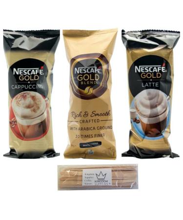 Instant Coffee Cups 3 Flavours Gold Blend Latte & Cappuccino Comes with Kingdom Supplies Coffee Stirrers Just Add Hot Water & Stir 7 Cups of each Style