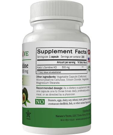 Nature's Trove Acetyl L-Carnitine (ALCAR) 500mg - 200 Veg Caps - High Quality Supplement - Buy Online on GoSupps.com