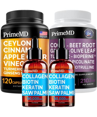 Ceylon Cinnamon (1pk) Liquid Collagen Biotin (2pk) Nitric Oxide (1pk) Supplement Bundle - Potent Vitamins for Heart Hair Skin Nails Metabolism & Immune Support - Non-GMO Vegan Gluten-Free