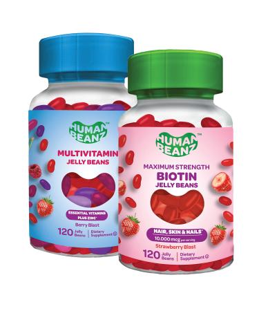Human Beanz Jelly Bean Gummy Vitamins Bundle Biotin Extra Strength 5000mcg Strawberry Blast + Multivitamin with Zinc Berry Blast for Men and Women 120 Gummies Each Kosher