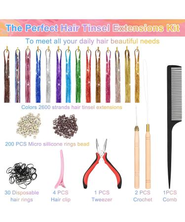 Xinzistar 14 Colors 2800 Strands Hair Tinsel Extension Kit Holographic Sparkle Hair Glitter Strands Rainbow Coloured Hair Extensions Fairy Dazzle Hair Extension for Festival Women Girls Kids Party - Buy Online on GoSupps.com