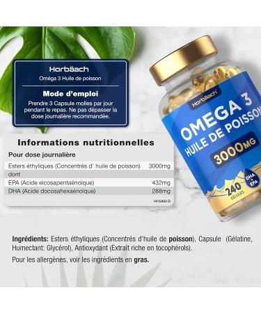 Omega 3 Fish Oil 3000mg | 240 Capsules | Omega 3 Fatty Acids with EPA and DHA | Fish Oil Supplement | Omega 3 Fish Oil Supplement | Horbaach - Buy Online on GoSupps.com