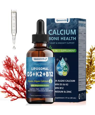 6-in-1 Liposomal Calcium 600 mg Vitamin D3 & K2 Plant Based Vegan Liquid Algae Ca-lcium & Magnesium Zinc D3 5000 IU Supplement + K2 MK7 + Methyl B12 Maximum Absorption for Bone Heart&Immune Health