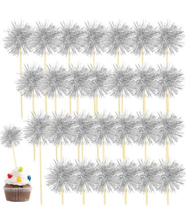 100 Pcs Firework Cupcake Topper Graduation Cake Decorations Foil Frill Toothpicks Sparkle Tinsel Cocktail Picks for Party Decoration Christmas Picnics Bar Birthday Holiday (Silver)