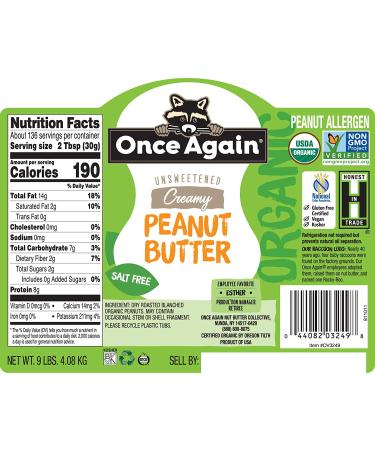 Once Again Organic Creamy Peanut Butter 9lbs - Salt Free, Unsweetened, Gluten Free, Vegan, USDA Certified - Buy Online on GoSupps.com