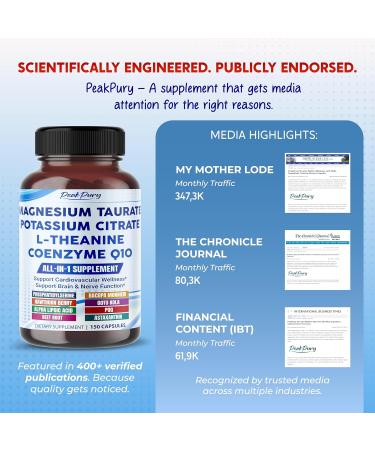 Ultra Magnesium Taurate Potassium Citrate L-Theanine & CoQ10 All-in-1 Supplement for Heart Brain & Nerve Support 150 Capsules 150 count (pack of 1) - Buy Online on GoSupps.com
