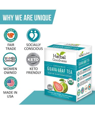Organic Guava Leaf Tea for Sleep Aid, Metabolism Support, Hair Re-Growth, Skin & Nails - 100% Pure, Kosher, Made in USA - 24 Teabags - Buy Online on GoSupps.com