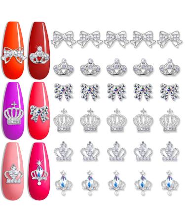 XEAOHESY 30pcs Alloy Silver Crown Nail Charms Bow Charms for Nails Crown Nail Studs Inlaid Clear Rhinestone for Women Girls Nail Art Crown and Bow nail Charms