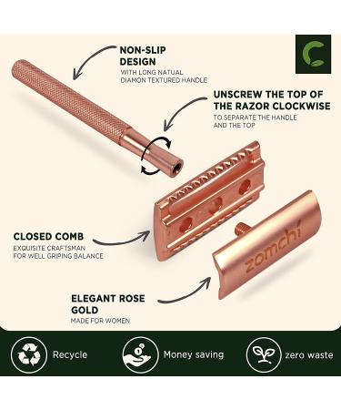 Rose Gold Double Edge Safety Razor for Women with 5 Blades - Plastic-Free, Delicate Box Included - Buy Online on GoSupps.com