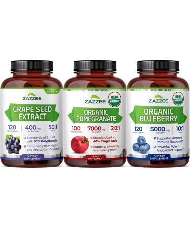 Zazzee Ultimate Anti Aging Antioxidant Bundle | USDA Organic Pomegranate with Polyphenol Rich Blueberry and Super Concentrated Grape Seed Extract Capsules | Non-GMO Vegan & ISO Lab Tested
