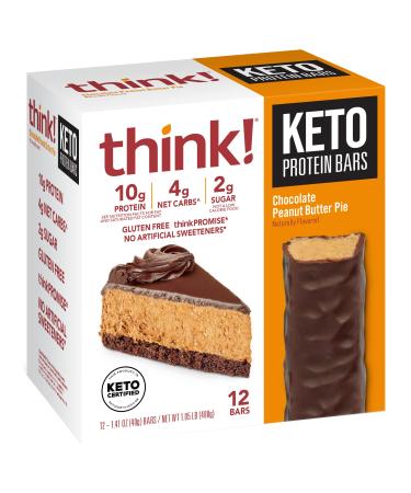 think! Keto Protein Bars, Healthy Low Carb, Low Sugar, Gluten Free Snack with No Artificial Sweeteners, 4G Net Carbs & 10G of Whey Protein - Chocolate Peanut Butter Pie (12 Count)