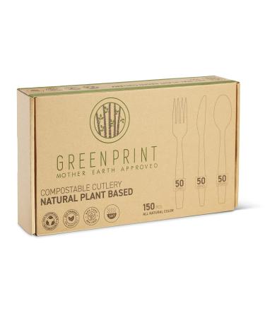 GREENPRINT compostable cutlery set 150 Pack 50 Forks 50 Spoons 50 Knives - Biodegradable Disposable Cutlery Heavy Duty Utensils Alternative to other Silverware