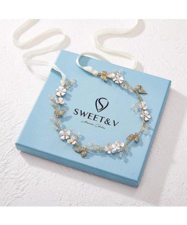 SWEETV Handmade Wedding Headband Flower-Leaf Bridal Headpiece - Gold Hair Accessories for Brides - Buy Online on GoSupps.com
