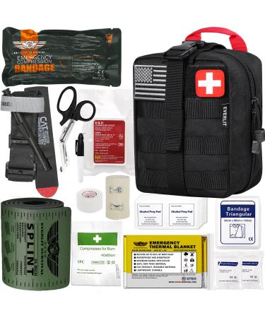 EVERLIT Emergency Trauma Kit, CAT GEN-7 Tourniquet 36" Splint, Military Combat Tactical IFAK for First Aid Response, Critical Wounds, Severe Bleeding Control (Black)