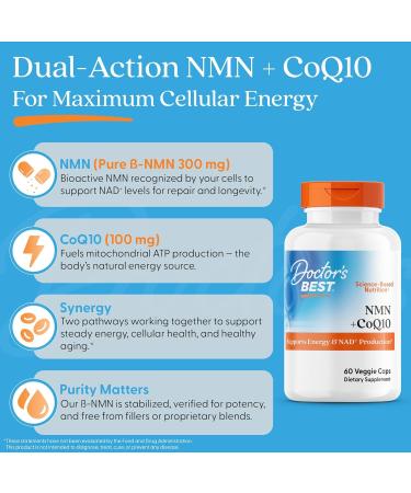 Doctor's Best NMN + CoQ10 Supplement for Women & Men - Supports NAD+ Production & Cellular Energy Beta Nicotinamide Mononucleotide 150 mg & Coenzyme Q10 50 mg per Capsule Vegan Non GMO- 60 Veg Caps - Buy Online on GoSupps.com