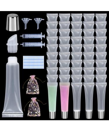 50Pcs 15 ML Empty Silver Cap Lip Gloss Tubes, Clear Lipgloss Squeeze Tubes With free Labels Stickers+20ml Syringe+Funnel+Gift Bags, Diy Making Kit for DIY Lip Gloss Balm Cosmetic Silver x 50pcs