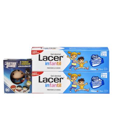 LACER JUNIOR Duplo Children's Dental Gel 75 ml with Justice League figure, for children from 6 months to 6 years, prevents cavities, fluoride plus calcium formula, takes care of baby teeth
