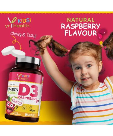 Kids Vitamin D3 1000 iu High Strength - Raspberry Flavour Chewables for 4-12 Years - Vegan Society Registered - 2 Months Supply - Made in UK - Buy Online on GoSupps.com