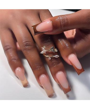 Brown Press on Nails Medium Long Square Fake Nails Glossy Glue on Nails Reusable Brown French Tip Acrylic Nails Natural Autumn Coffin False Nails for Women Girls DIY Nails Decoration 24Pcs 11-Brown French