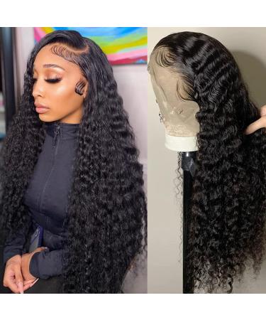 Deep Wave Lace Front Wigs Human Hair 13X4 HD Transparent Deep Curly Human Hair Lace Front Wigs for Women 180% Density Glueless Lace Frontal Wigs Human Hair Pre Plucked with Baby Hair (28 Inch)